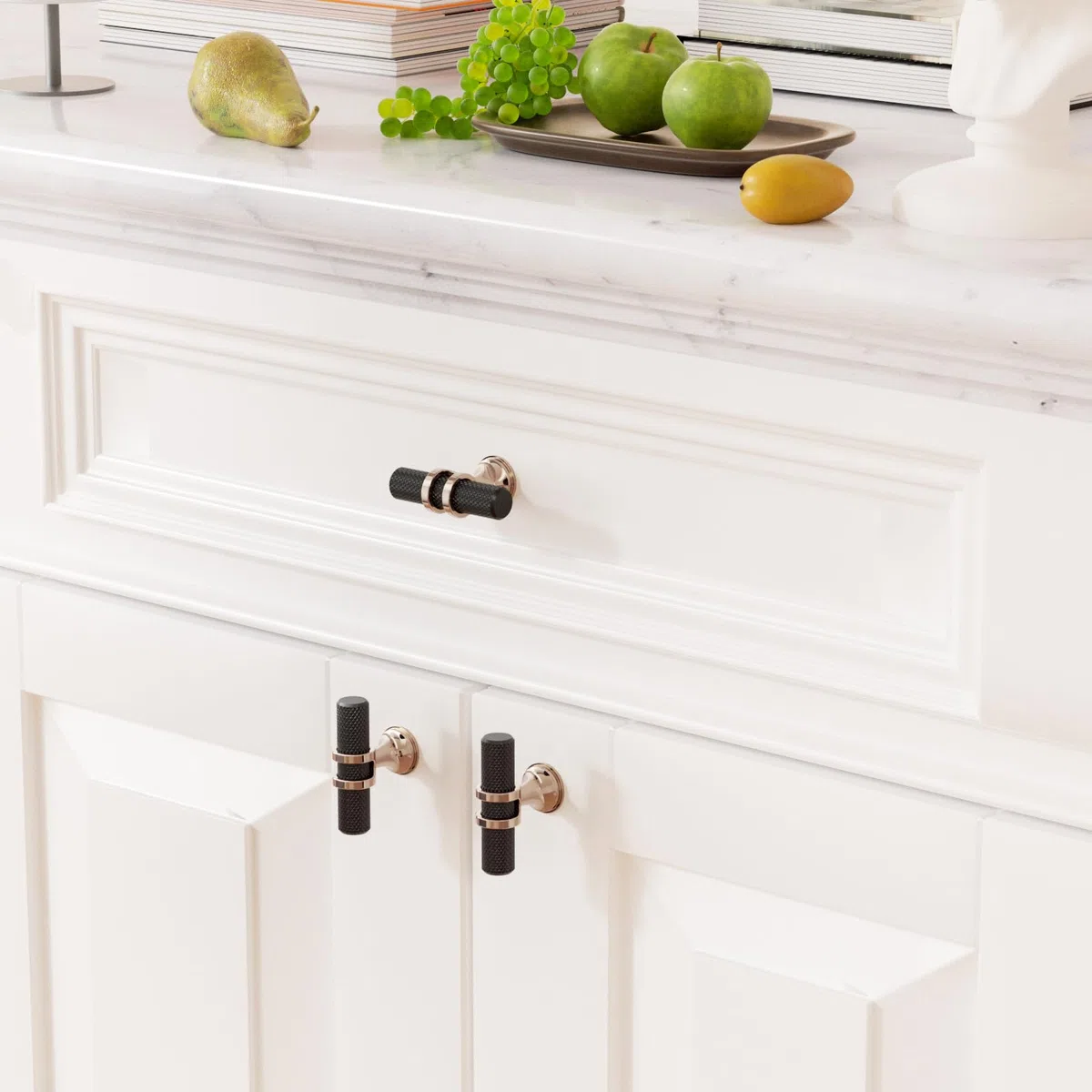 FURNIWARE 10 pezzi Pomelli per mobili nero opaco e bronzo champagne, pomelli per armadio in oro e ottone, pomelli per porte e cassetti da 50 mm, per armadi, cassettiera, guardaroba