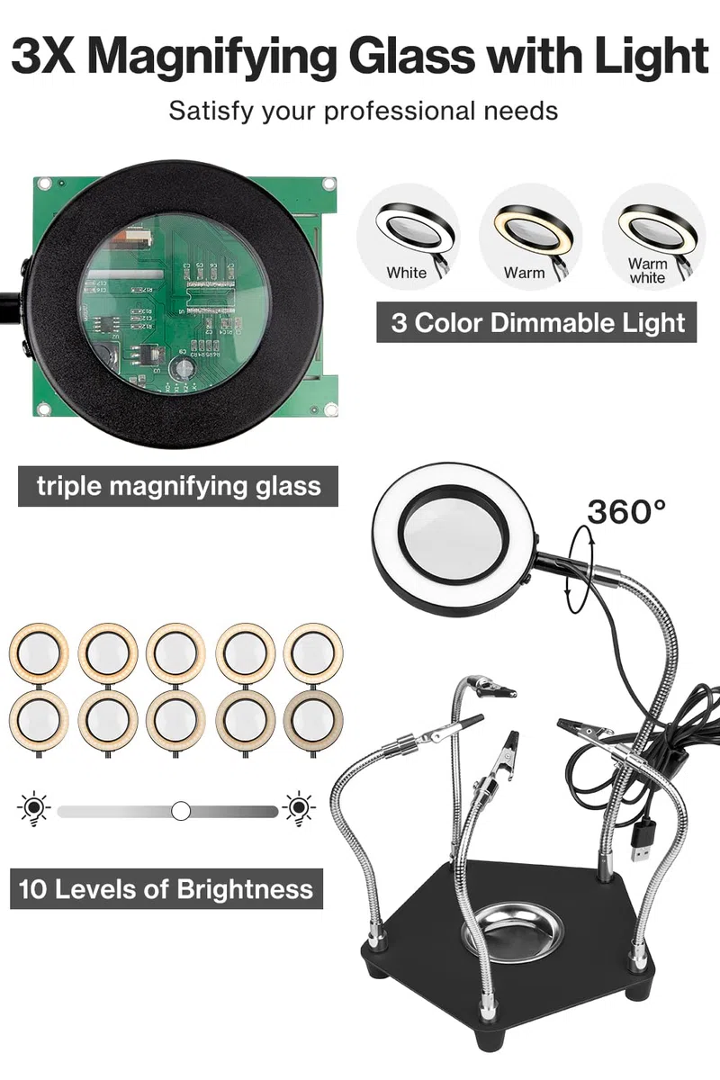 Terza Mano Saldatura,Lytool Stazione Saldatura per Mani d'Aiuto,con Lente d'Ingrandimento 3X LED Dimmerabile,Saldatura Flessibile per Mani d'Aiuto con 4 Bracci di Supporto per Riparazioni di Saldatura