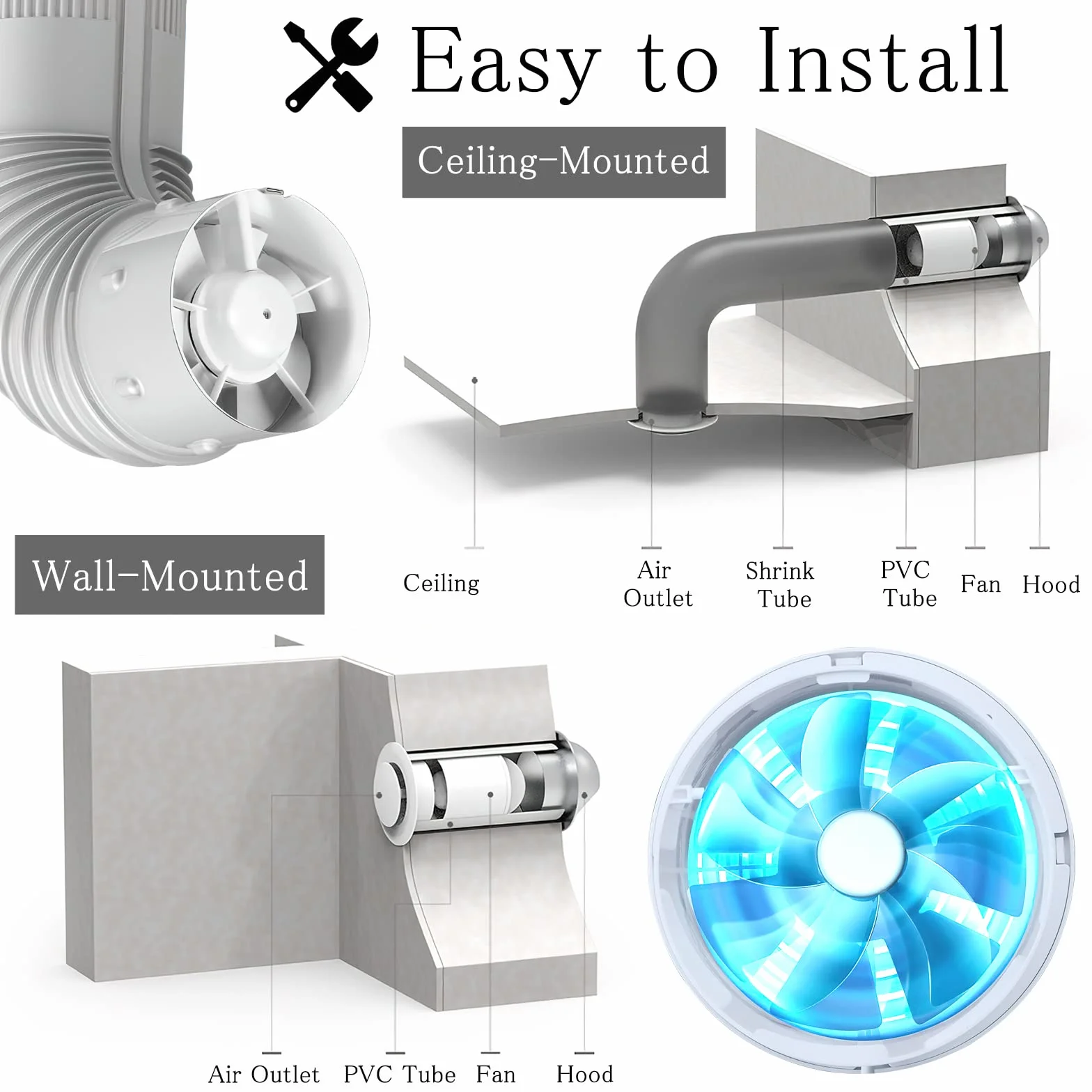 TNSLAND Ventilatore a canale 100 mm in linea, 107 m³/h, di alta qualità, silenzioso, scarico fumo, Ventola Estrazione Aria, 100 mm, per bagno, WC, cucina, serra, garage