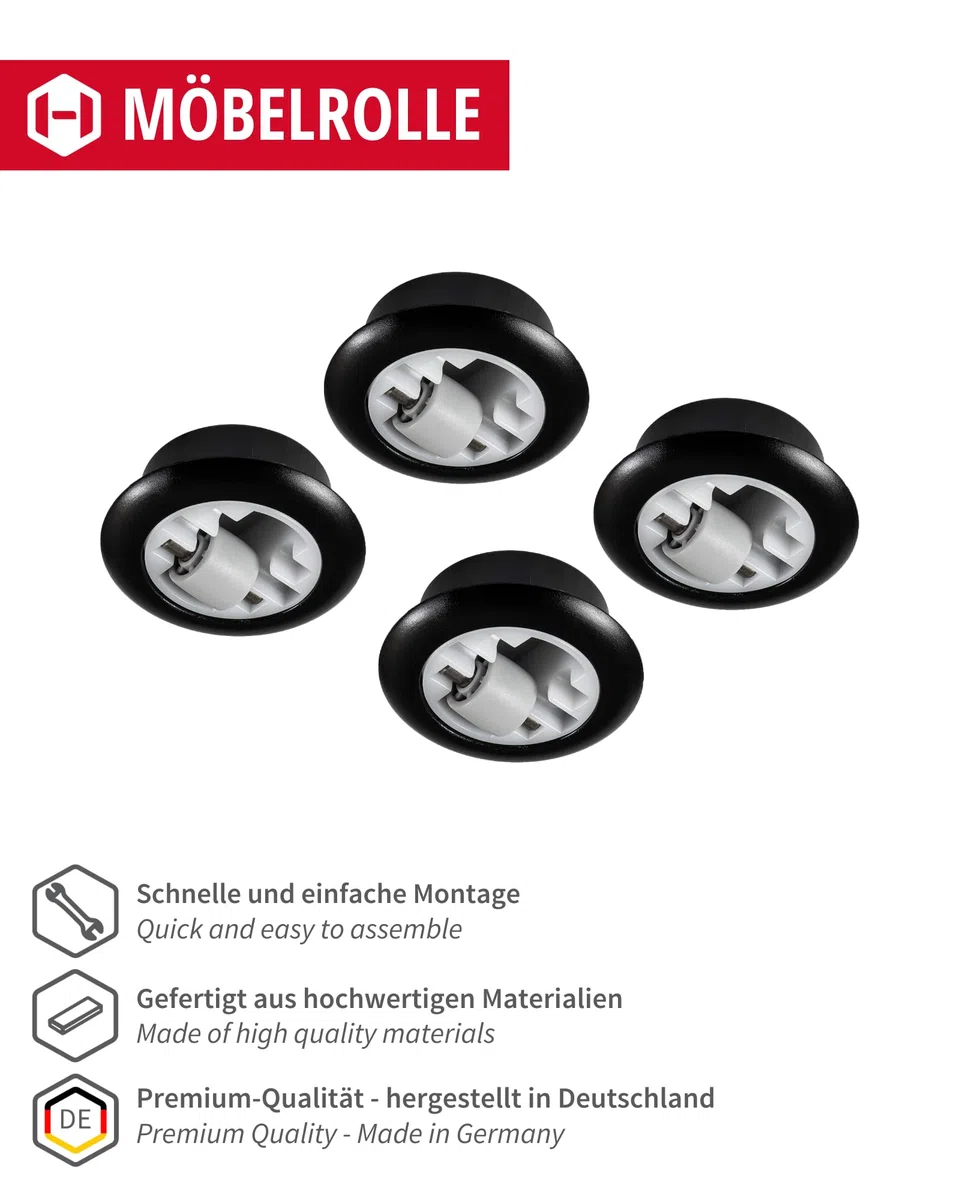 Gedotec Ruota per mobili per foratura | 4 pezzi - ruote per trasporto senza freni | Ø totale 54 mm | ruota girevole in plastica | ruota con portata di 50 kg | MADE IN GERMANY