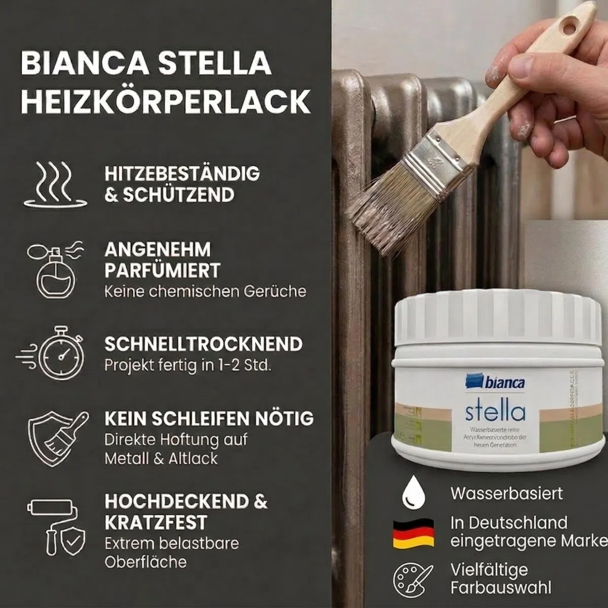 Bianca Stella Smalto per Termosifoni Resistente al Calore, Vernice per Riscaldamento a Base d'Acqua, Madreperla, Lucido, Antigraffio & Alta Copertura, 250ml