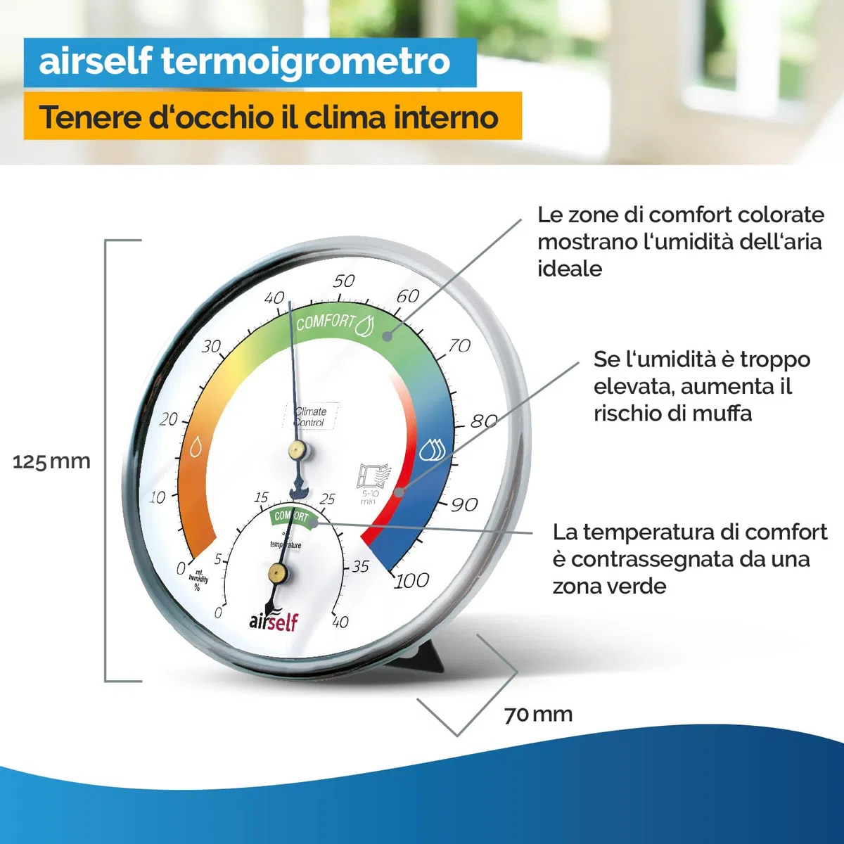 Test muffa + termoigrometro – controllo della qualità dell’aria in fino a 6 ambienti, con igrometro analogico per umidità e temperatura