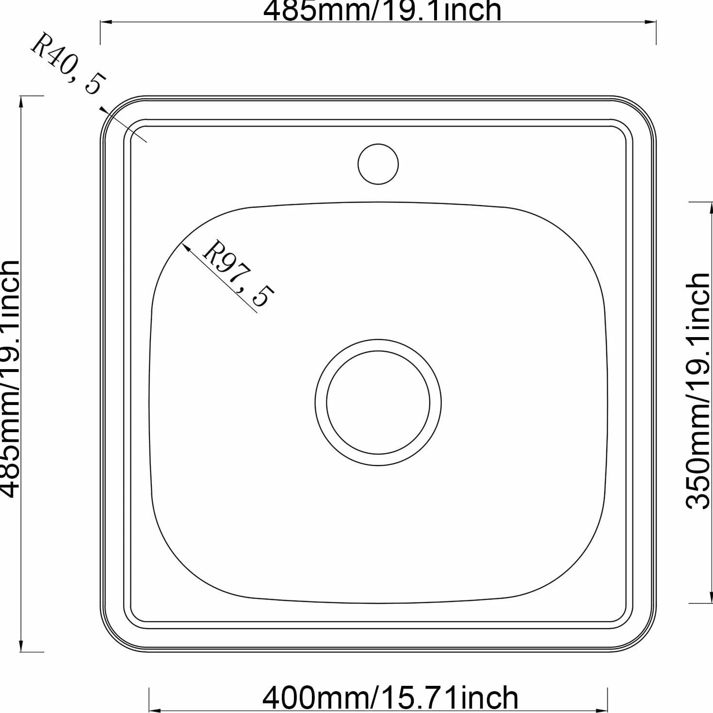 Lavello in acciaio inox, 1 vasca con sifone e foro per rubinetto (48 * 48cm)