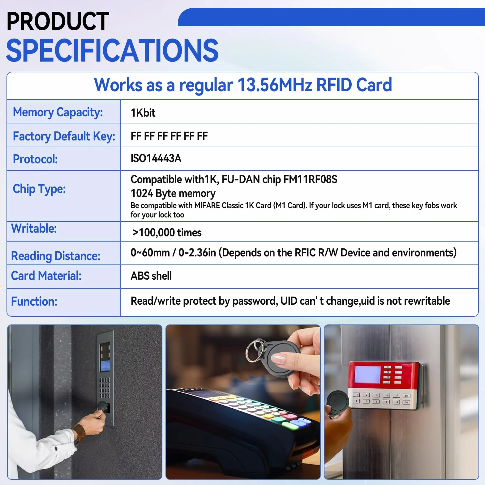 MIFARE Portachiavi classici 1K, ISO14443A 13,56 MHZ RFID IC, tag RFID M1, chiave per il controllo degli accessi (nero, 100 pezzi)