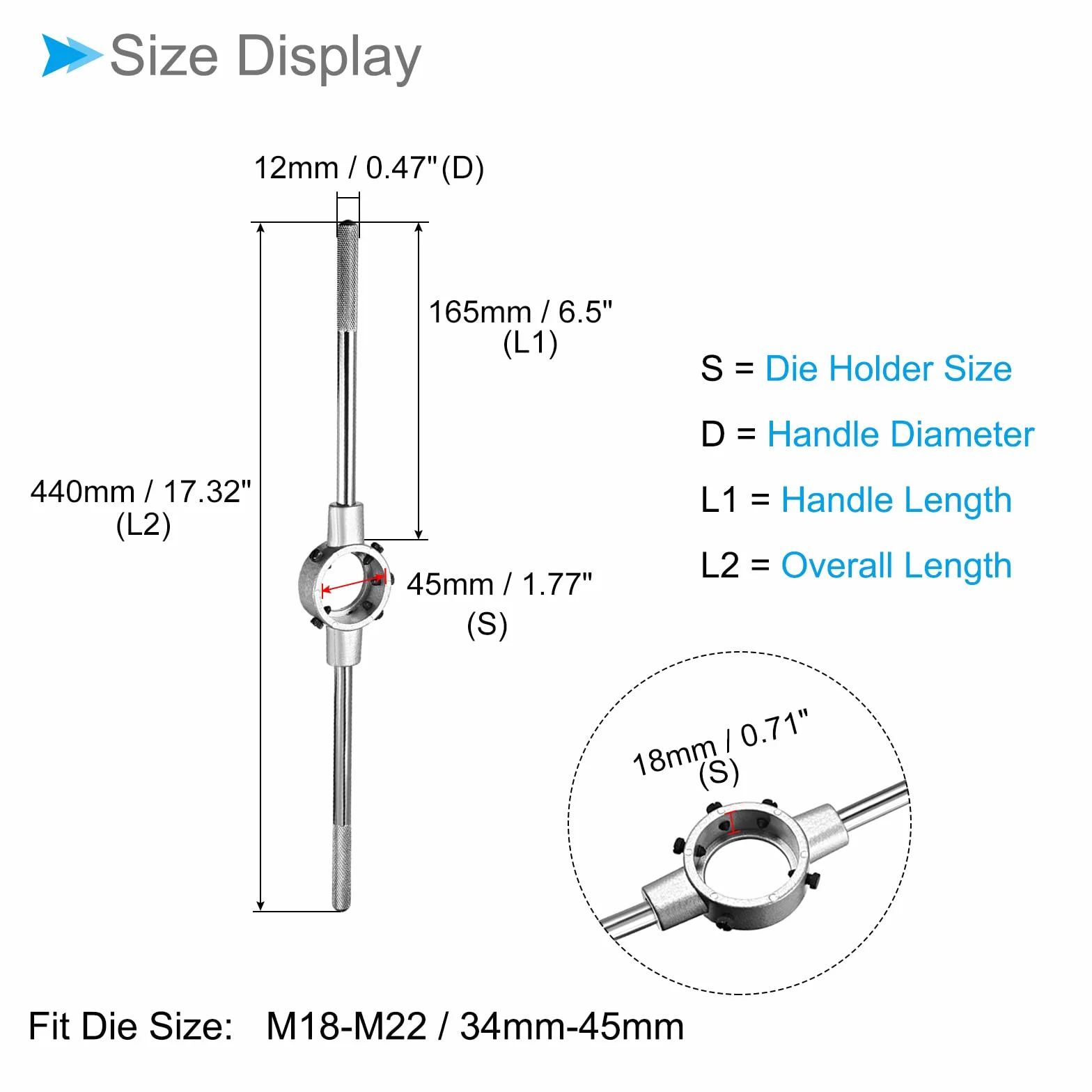 Matrice Scorte Chiave, Fit M18-M22 / 34mm-45mm (OD) Rotondo Matrici, Nichel Placcato Regolabile Matrice Maniglia Supporto - (per Macchina Filettatura Riparazione), 1 pezzo