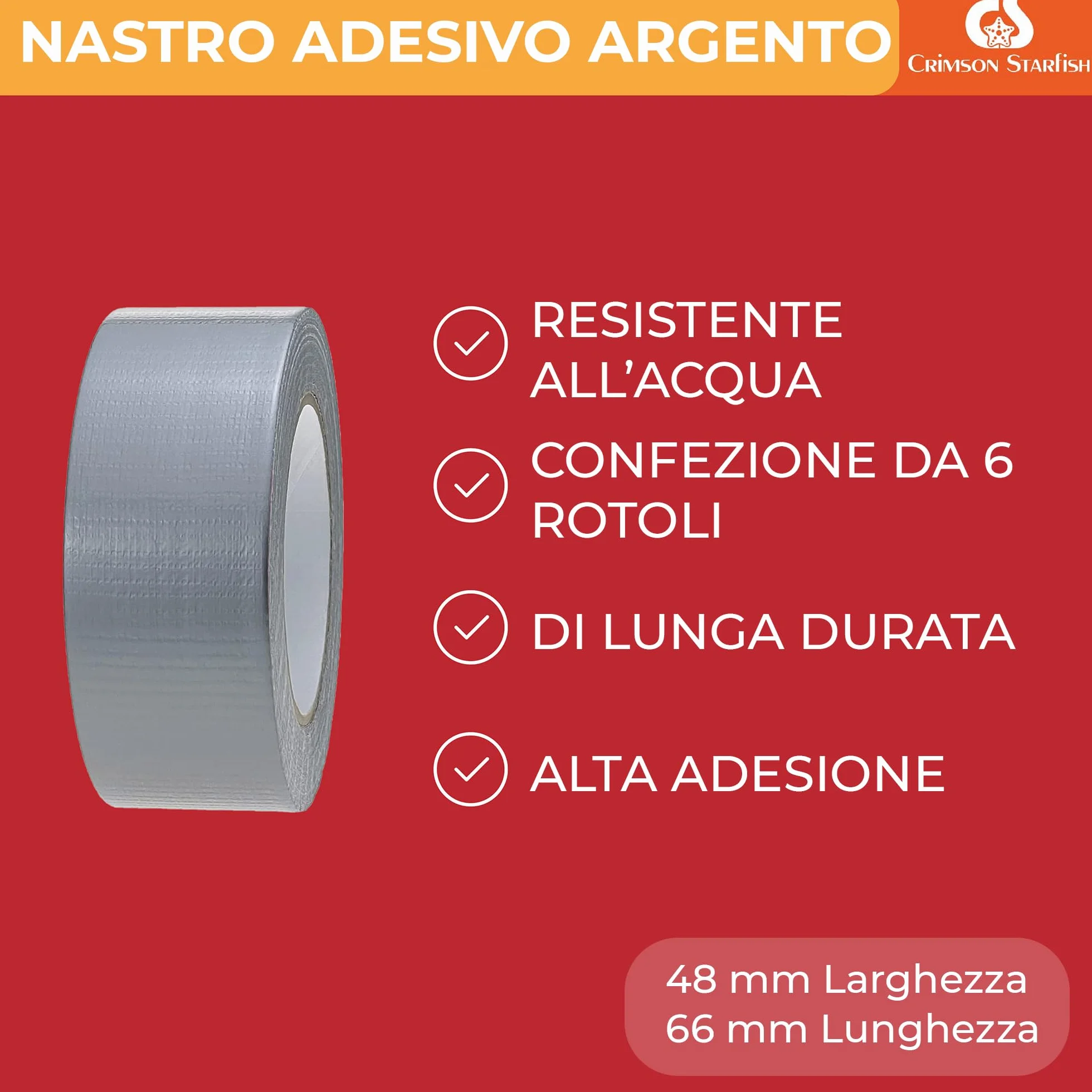 Crimson Starfish nastro adesivo silver | 6 rotoli di nastro adesivo 48 mm x 45 m | Nastro adesivo resistente all'acqua | Nastro adesivo multiuso per interni/esterni | Nastro adesivo resistente