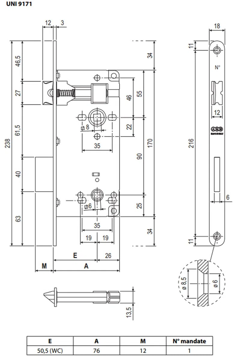 Serratura AGB serie "Patent grande" bordo tondo BAGNO - scrocco reversibile e mandata OTTONATO VERNICIATO azionato dal quadro da mm 6 Frontale mm 18