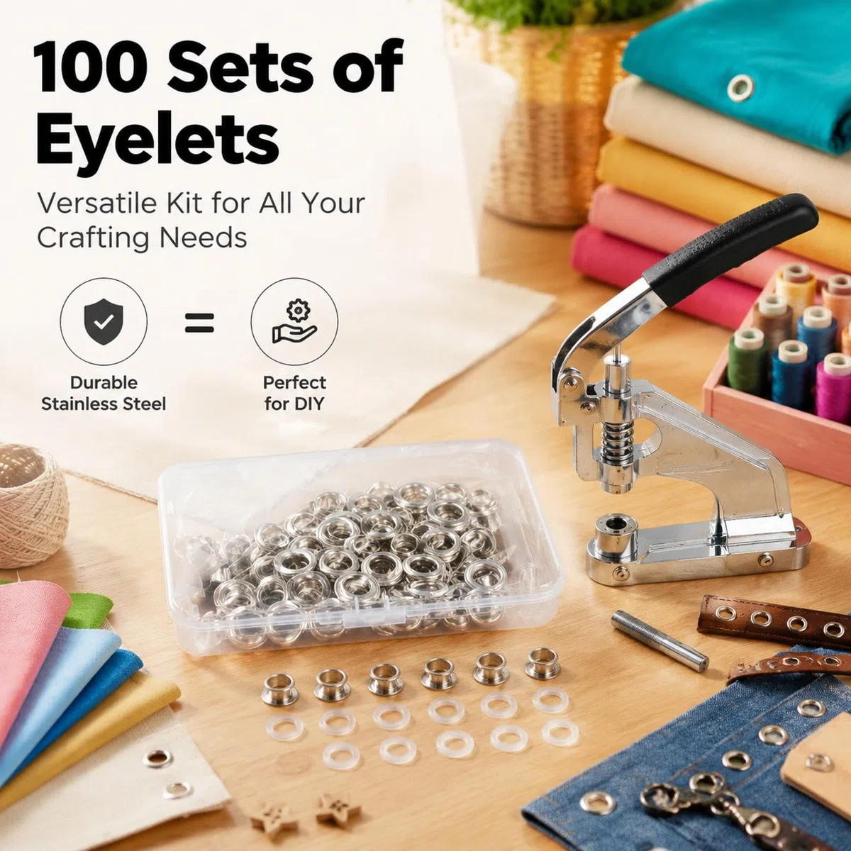 Kit 100 Set Occhielli 12mm Acciaio Inox - Strumenti Installazione Resistenti - Per Tende, Teloni, Abbigliamento, Artigianato