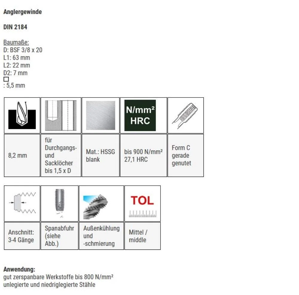 BAER Maschio filettato HSSG, filettatura per pescatore, forma C, BSF 3/8 x 20, filettatura filettata, maschio, trapano, taglio filettato