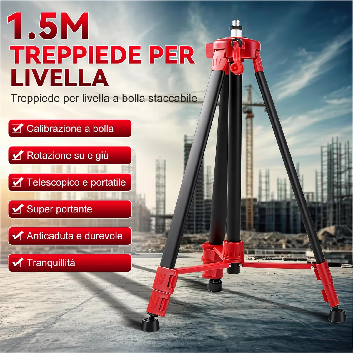 Treppiede per Livella Laser, treppiede telescopico regolabile da 1,5 m, Filettature 5/8 a 1/4 di Pollice Supporto Livelle Laser in Acciaio per strumento di misurazione laser autolivellante