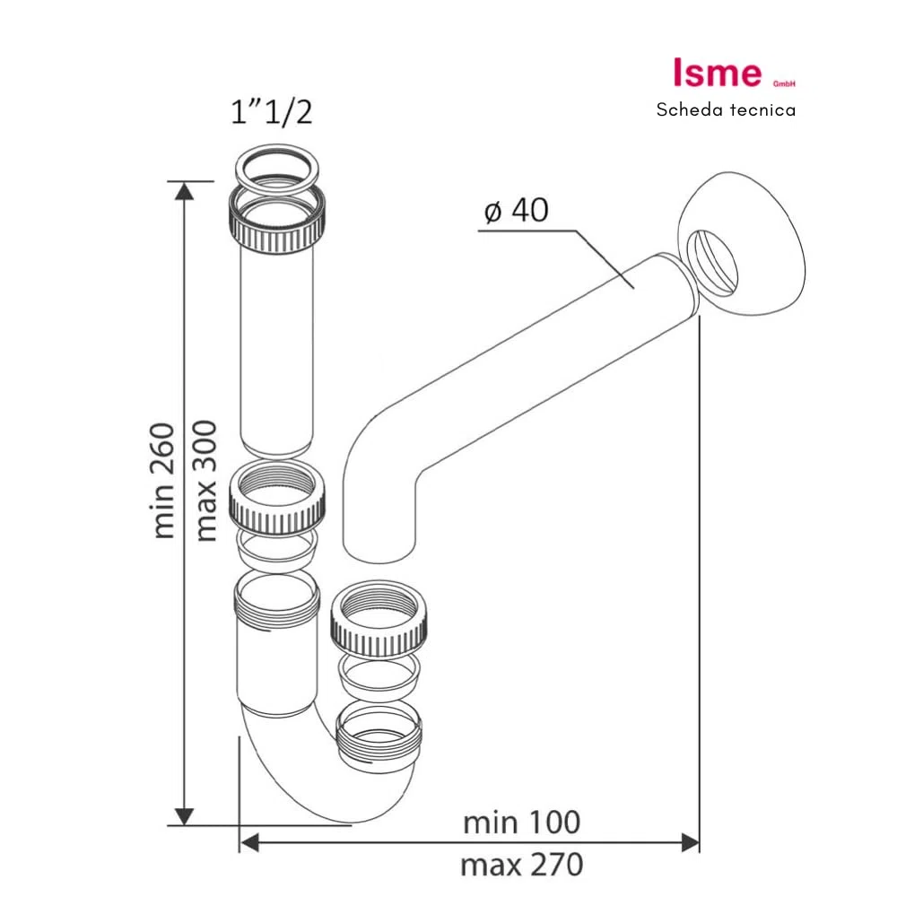 Schläfer 4618105 | Kit di Scarico con Sifone per Lavello Universale G 1 1/2 e Piletta con Tappo per Lavabo, Lavatoio, Lavanderia, Raccordo Tubo Scarico a parete da 40mm