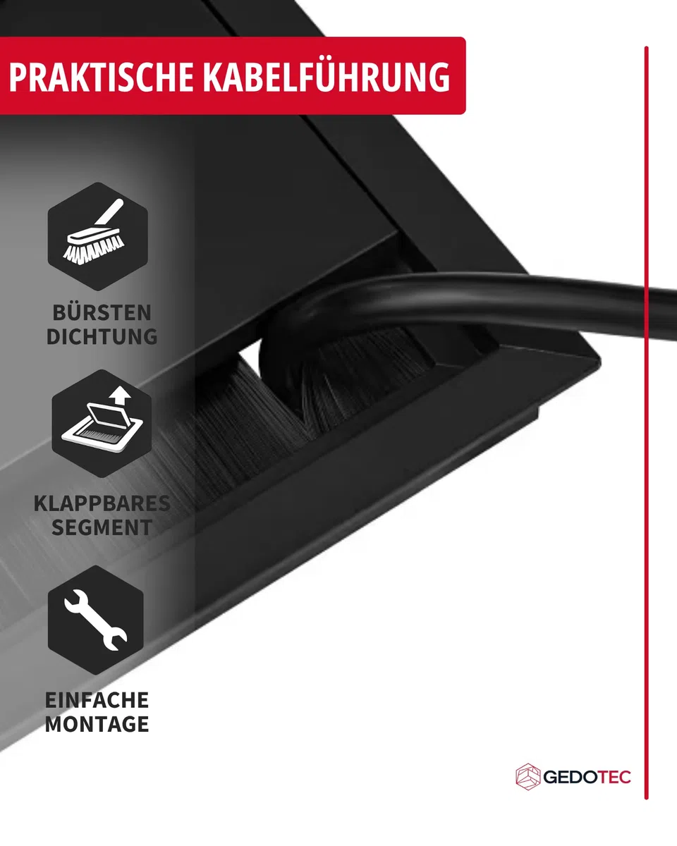 Gedotec Passacavo rettangolare nero con guarnizione a spazzola, 1 pezzo, passacavo per scrivania, EXIT G11 ECO, scatola per cavi in alluminio incassata, 100 x 100 mm, uscita cavo tavolo da ufficio da