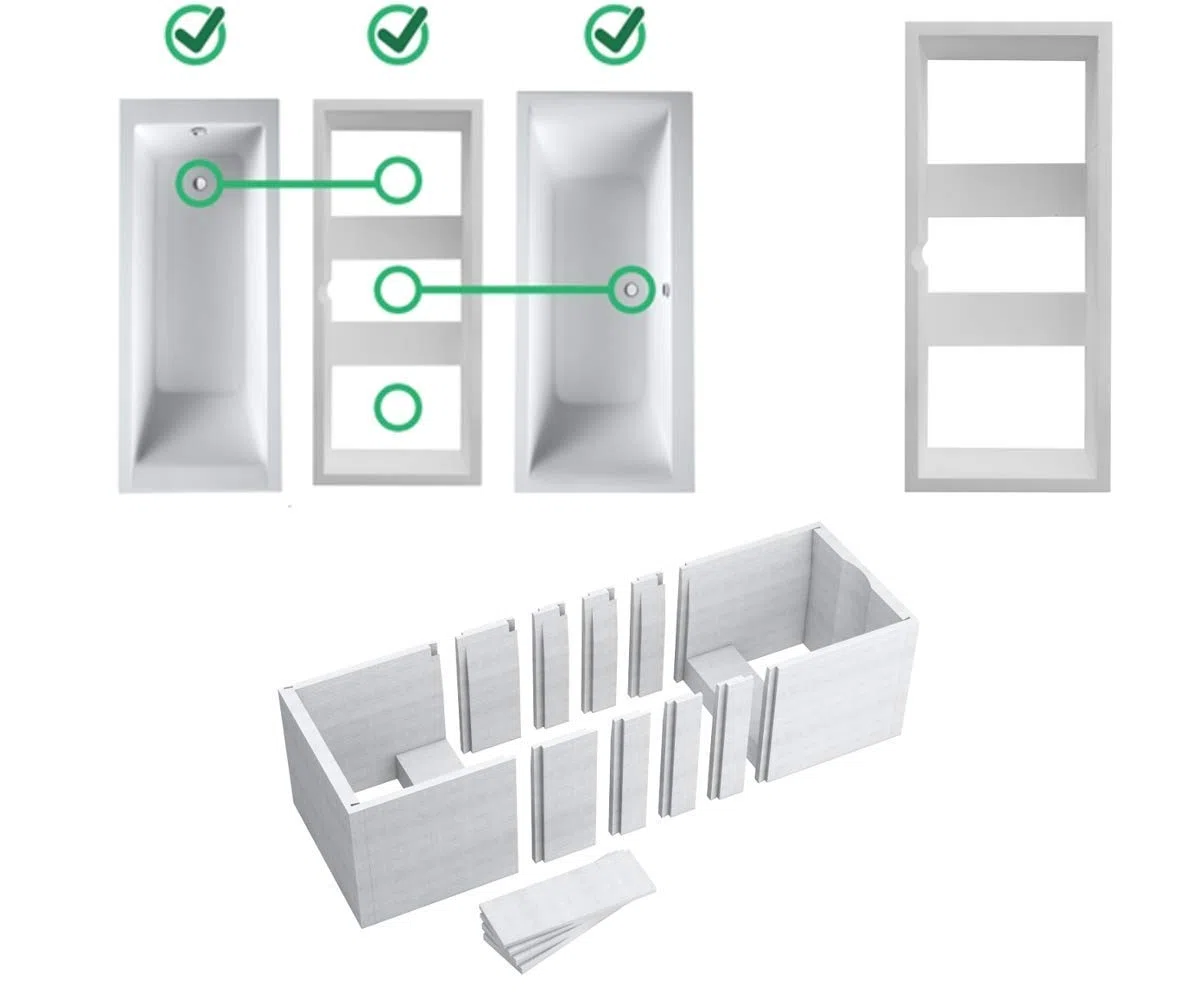VBChome Vasca da bagno 155 x 70 cm in acrilico, rettangolare, bianco, design moderno, set di supporto in polistirolo, cromato, per 2 persone, con sifone