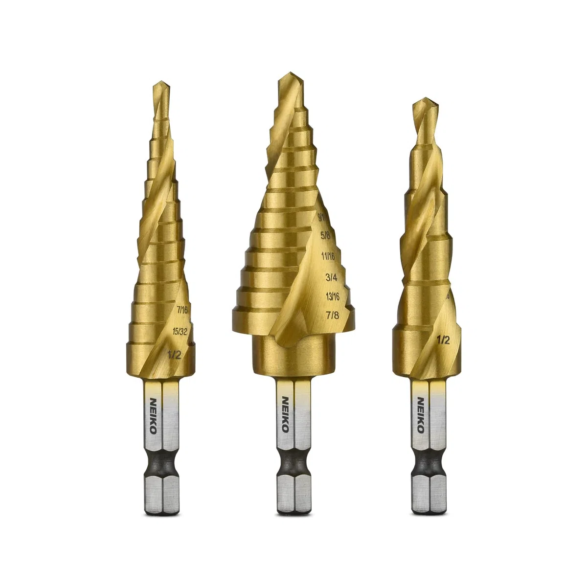 NEIKO 10181A - Set di 3 punte per trapano a gradino, scanalate a spirale per una foratura più veloce, punte a gradino per acciaio inossidabile, metallo, legno, plastica, punte coniche Unibit con 31