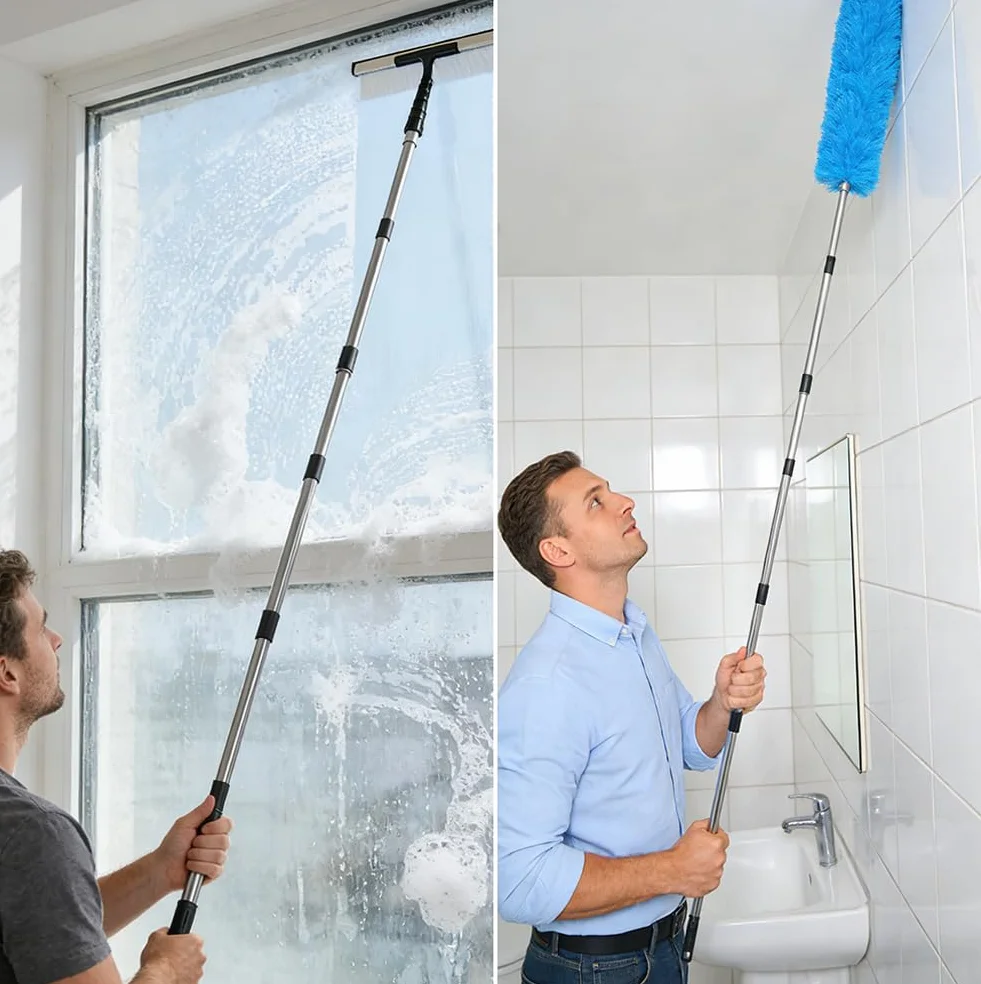 Asta Telescopica 3,6 m, Rullo Pittura, Prolunga in Acciaio Inox Leggera, 9 Sezioni Estensibili per Pittura, Pulizia Finestre, Grondaie, Adattatore Conico, Filetto a Spirale